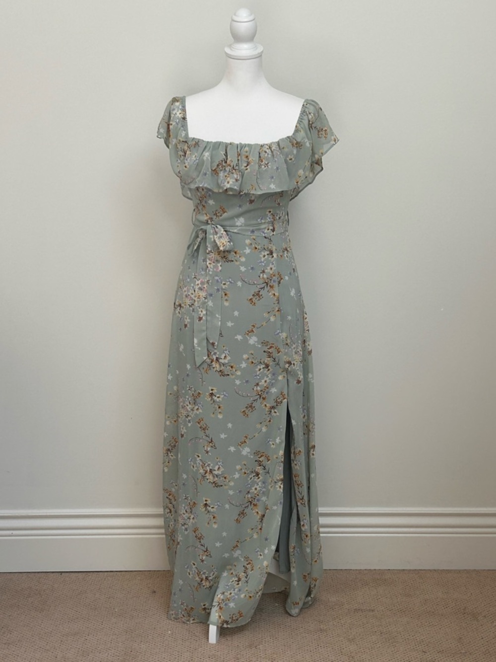 Lulu's Sage Floral Ruffle Maxi Dress